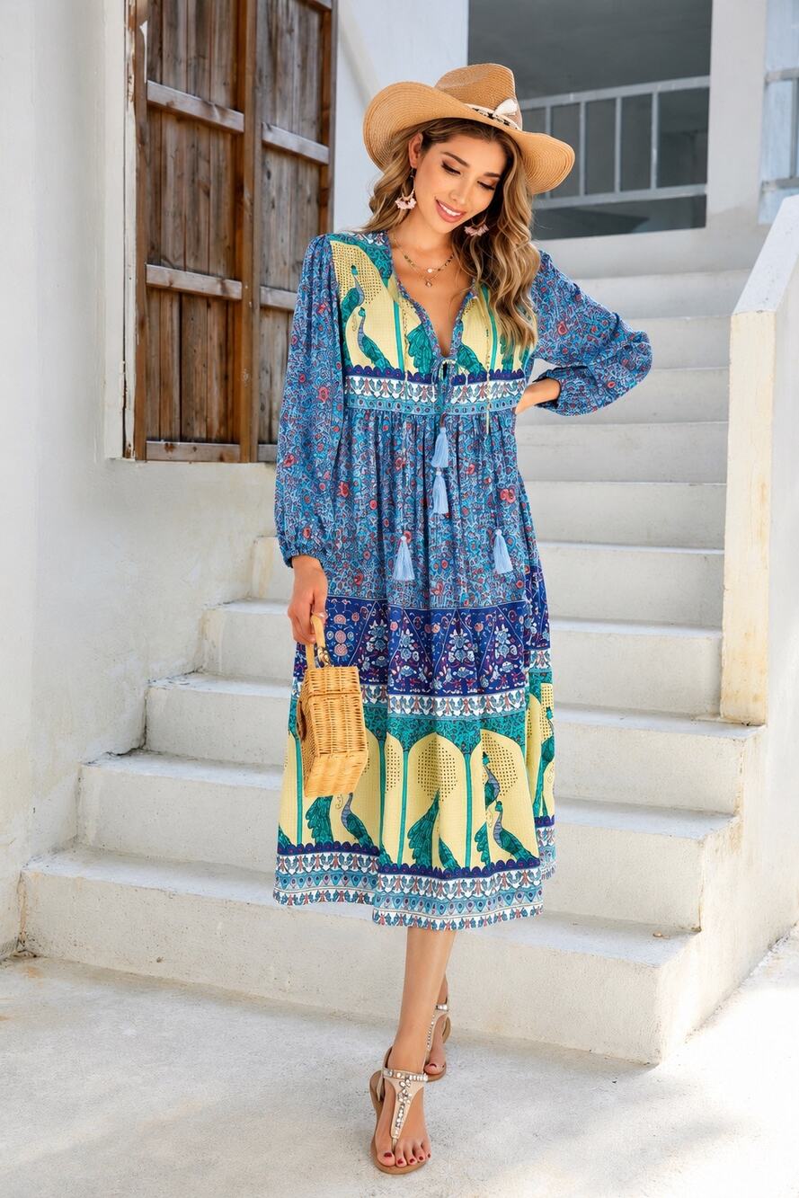 R.Vivimos Peacock Floral Boho Midi Dress Blue Green XL 16/18